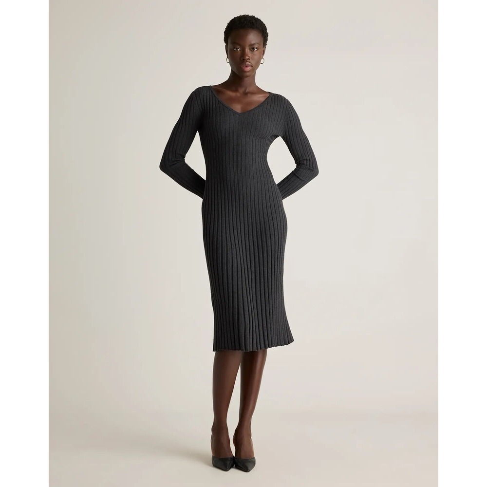 Quince Ribbed Long Sleeve V Neck Midi Dress Cotton Cashmere Sweater Knit Gray M